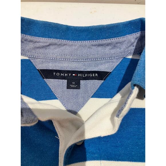 VTG Y2K Tommy Hilfiger Rugby Short Sleeve Polo Shirt Blue White Mens Size M - Picture 3 of 7